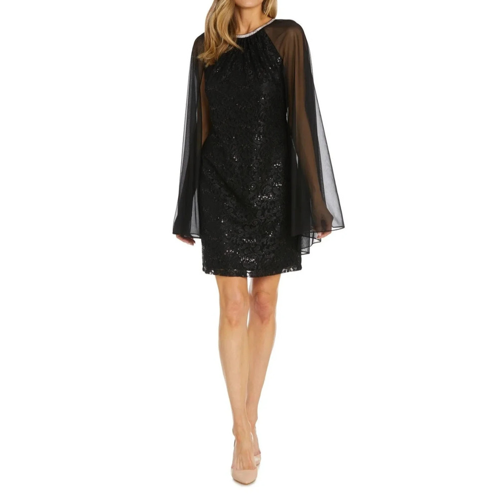 R & M Richards Black Sequined Lace Dress with Chiffon Cape Size 4P NWT